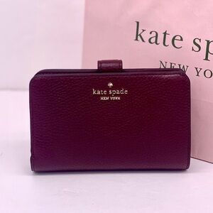 Kate Spade Lena Medium Compact Bifold Wallet Pebble Leather Cherrywood